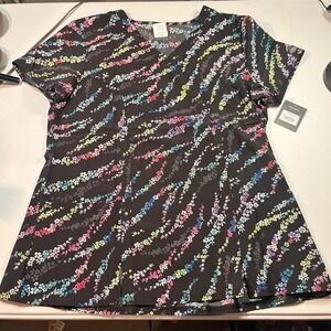 NWT Dickies Women's Scrub Top Size L Black Floral Design V Neck DK656